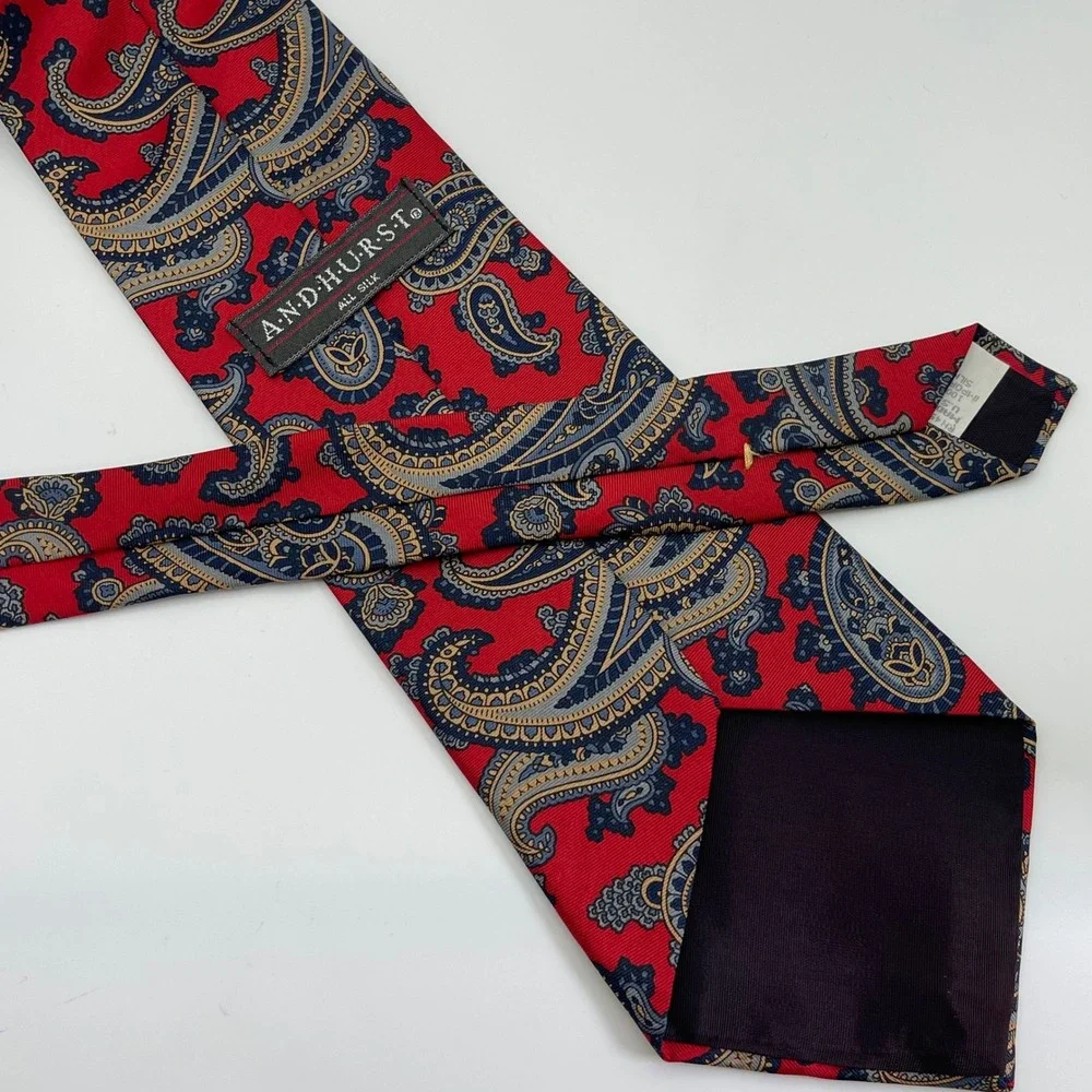 Vintage Andhurst Paisley Necktie Bright Red Blue Gold %100 Silk Made in USA‎ 90s